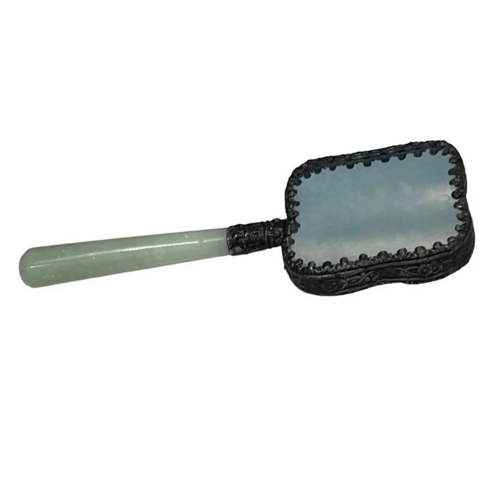 Vtg Chinese Hand Mirror Rounded Corner Squircle W/ Jade Handle & Porcelain Back